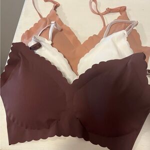 Seamless Scalloped Edge 3 Bralette Set - Brown, White, Tan size medium